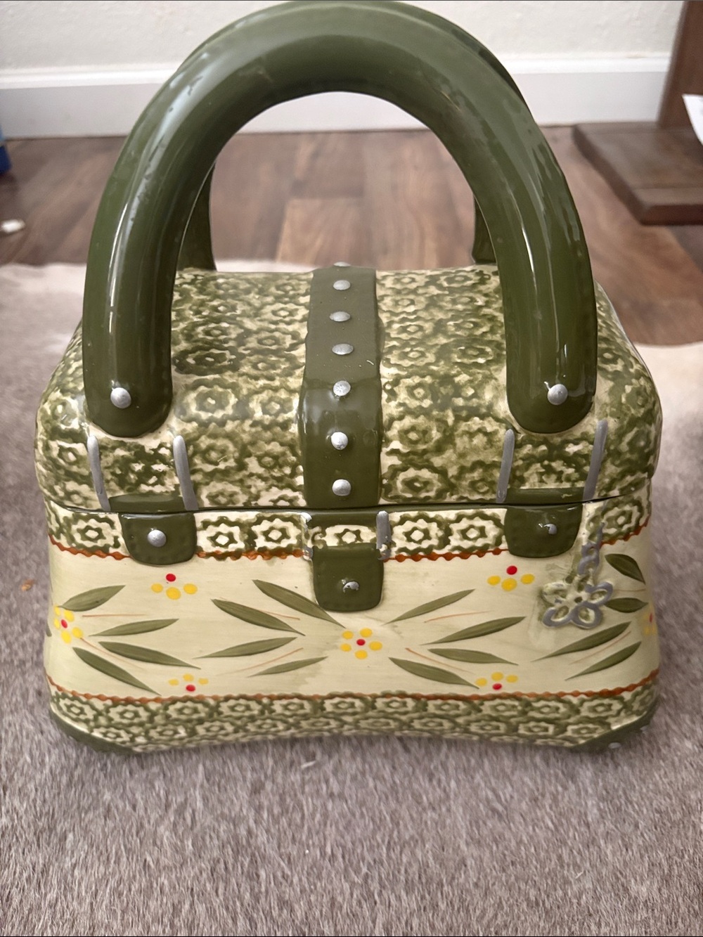 QVC Temp-tations Handbag Old World Olive Green Ceramic Purse Cookie Jar Canister